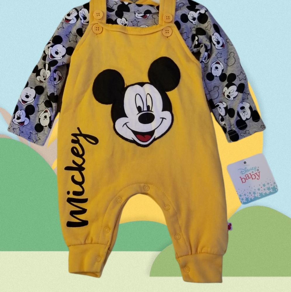 Baby Disney Mickey Mouse Overalls and Shirt 2-piece set. Size 0-3 Months